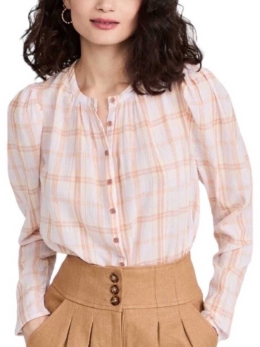 Ulla Johnson Nour Plaid Button-Front Peasant Cottagecore Blouse - pink White